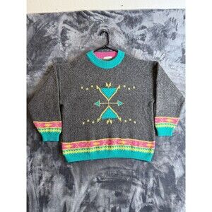 Mustang Pullover Wool Crewneck Aztec Long Sleeve Small Multi Color Thick